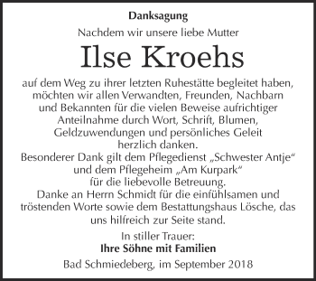 Traueranzeige von Ilse Kroehs von WVG - Wochenspiegel Wittenberg