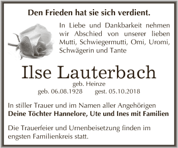 Traueranzeige von Ilse Lauterbach von WVG - Wochenspiegel Dessau / Köthen