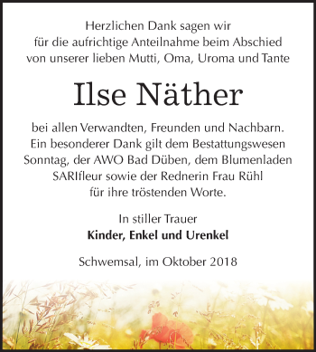 Traueranzeige von Ilse Näther von Mitteldeutsche Zeitung Bitterfeld