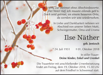 Traueranzeige von Ilse Näther von Mitteldeutsche Zeitung Bitterfeld