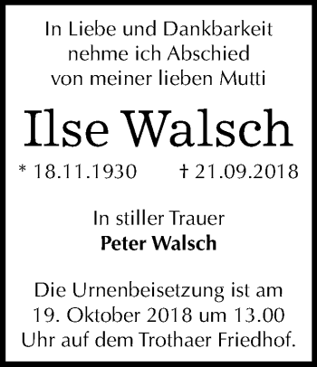 Traueranzeige von Ilse Walsch von Mitteldeutsche Zeitung Halle/Saalkreis