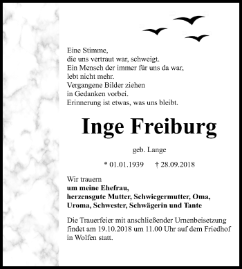 Traueranzeige von Inge Freiburg von Mitteldeutsche Zeitung Bitterfeld