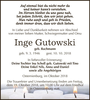 Traueranzeige von Inge Gutowski von WVG - Wochenspiegel Dessau / Köthen