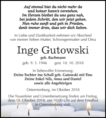 Traueranzeige von Inge Gutowski von Mitteldeutsche Zeitung Köthen
