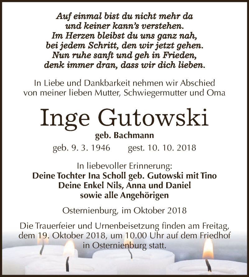  Traueranzeige für Inge Gutowski vom 13.10.2018 aus WVG - Wochenspiegel Dessau / Köthen