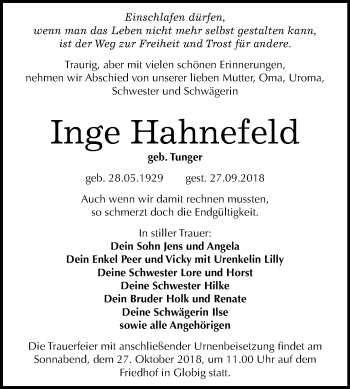 Traueranzeige von Inge Hahnefeld von Mitteldeutsche Zeitung