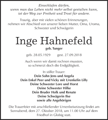 Traueranzeige von Inge Hahnefeld von Super Sonntag Wittenberg