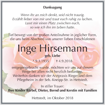 Traueranzeige von Inge Hirsemann von Mitteldeutsche Zeitung