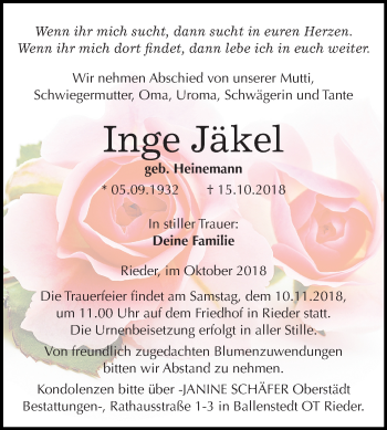 Traueranzeige von Inge Jäkel von Mitteldeutsche Zeitung Quedlinburg