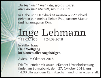 Traueranzeige von Inge Lehmann von WVG - Wochenspiegel Wittenberg