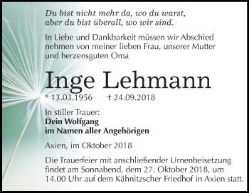 Traueranzeige von Inge Lehmann von Mitteldeutsche Zeitung