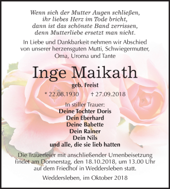 Traueranzeige von Inge Maikath von Mitteldeutsche Zeitung Quedlinburg