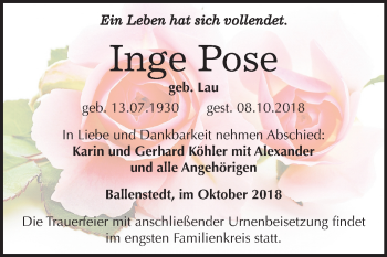 Traueranzeige von Inge Pose von Mitteldeutsche Zeitung Quedlinburg