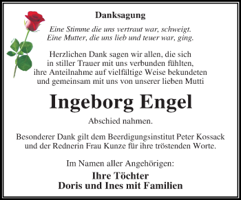 Traueranzeige von Ingeborg Engel von Mitteldeutsche Zeitung Dessau-Roßlau