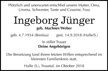Traueranzeige von Ingeborg Jünger von Mitteldeutsche Zeitung Halle/Saalkreis