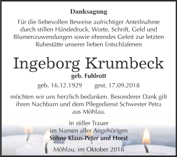 Traueranzeige von Ingeborg Krumbeck von WVG - Wochenspiegel Wittenberg