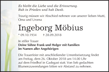Traueranzeige von Ingeborg Möbius von WVG - Wochenspiegel Wittenberg
