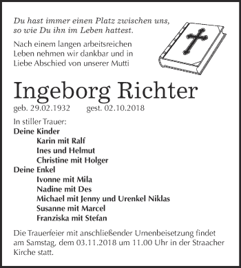 Traueranzeige von Ingeborg Richter von Super Sonntag Wittenberg