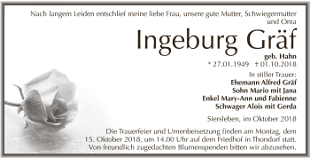 Traueranzeige von Ingeburg Gräf von Super Sonntag SGH Mansf. Land