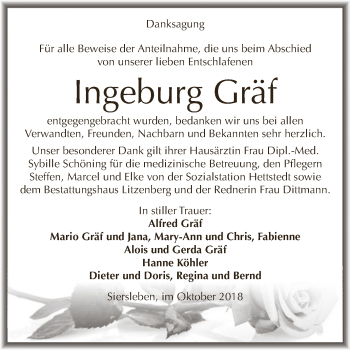 Traueranzeige von Ingeburg Gräf von Super Sonntag SGH Mansf. Land