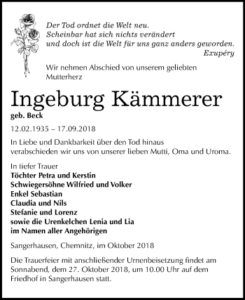 Traueranzeige von Ingeburg Kämmerer von Mitteldeutsche Zeitung