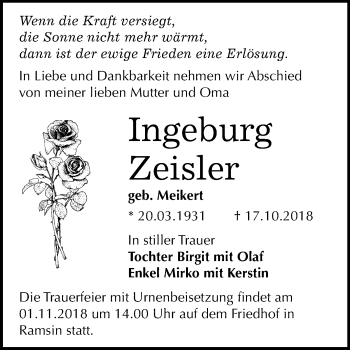 Traueranzeige von Ingeburg Zeisler von Mitteldeutsche Zeitung Bitterfeld