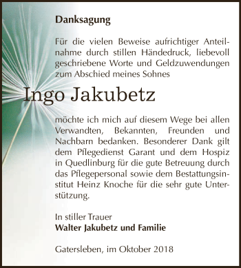 Traueranzeige von Ingo Jakubetz von Super Sonntag Aschersleben