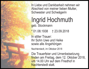 Traueranzeige von Ingrid Hochmuth von Mitteldeutsche Zeitung Aschersleben