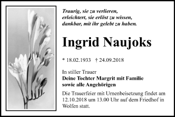 Traueranzeige von Ingrid Naujoks von Mitteldeutsche Zeitung Bitterfeld