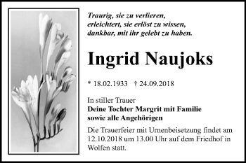 Traueranzeige von Ingrid Naujoks von WVG - Wochenspiegel Bitterfeld