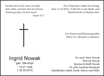 Traueranzeige von Ingrid Nowak von WVG - Wochenspiegel Bitterfeld
