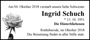 Traueranzeige von Ingrid Schuch von Mitteldeutsche Zeitung Sangerhausen
