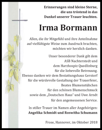 Traueranzeige von Irma Bormann von Mitteldeutsche Zeitung Aschersleben
