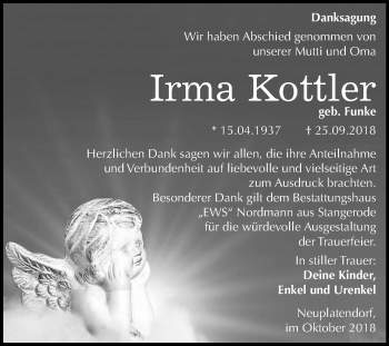 Traueranzeige von Irma Kottler von Mitteldeutsche Zeitung Quedlinburg