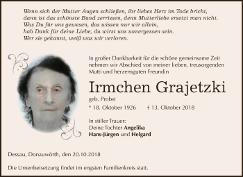 Traueranzeige von Irmchen Grajetzki von WVG - Wochenspiegel Dessau / Köthen