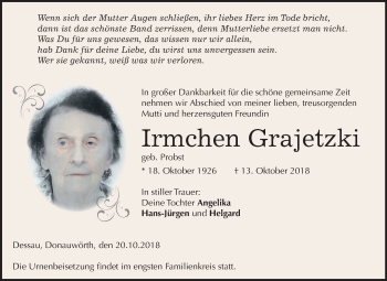 Traueranzeige von Irmchen Grajetzki von Mitteldeutsche Zeitung Dessau-Roßlau