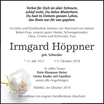 Traueranzeige von Irmgard Höppner von Mitteldeutsche Zeitung Weißenfels