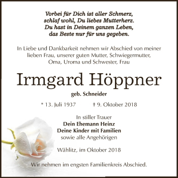Traueranzeige von Irmgard Höppner von WVG - Wochenspiegel NMB / WSF / ZTZ