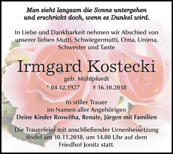 Traueranzeige von Irmgard Kostecki von Mitteldeutsche Zeitung Dessau-Roßlau