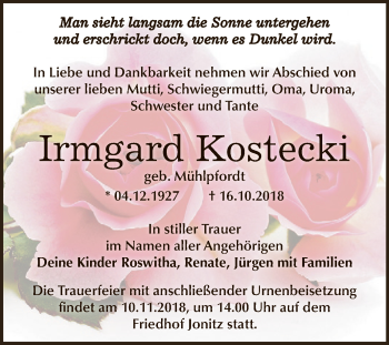 Traueranzeige von Irmgard Kostecki von WVG - Wochenspiegel Dessau / Köthen