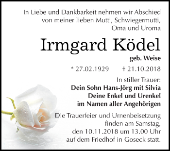 Traueranzeige von Irmgard Ködel von WVG - Wochenspiegel Merseburg