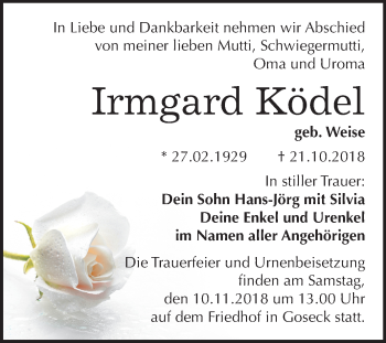 Traueranzeige von Irmgard Ködel von Mitteldeutsche Zeitung Weißenfels
