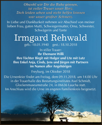 Traueranzeige von Irmgard Rehwald von WVG - Wochenspiegel NMB / WSF / ZTZ