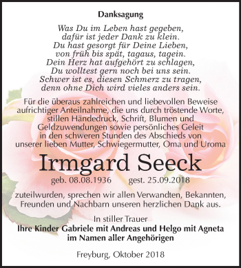 Traueranzeige von Irmgard Seeck von Mitteldeutsche Zeitung