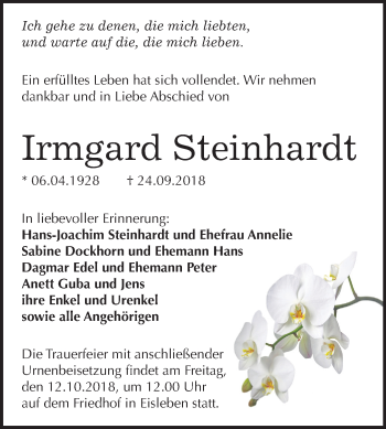 Traueranzeige von Irmgard Steinhardt von Mitteldeutsche Zeitung