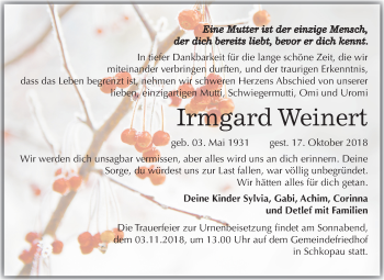 Traueranzeige von Irmgard Weinert von Mitteldeutsche Zeitung Merseburg/Querfurt