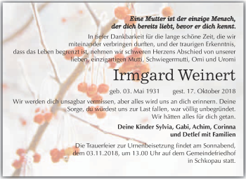 Traueranzeige von Irmgard Weinert von WVG - Wochenspiegel Merseburg