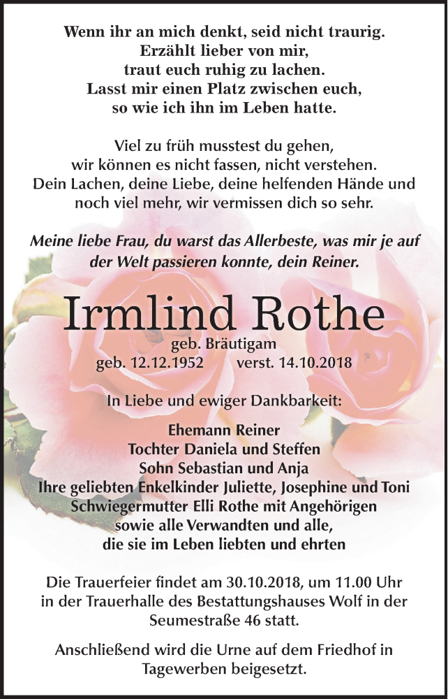  Traueranzeige für Irmlind Rothe vom 27.10.2018 aus Mitteldeutsche Zeitung Weißenfels