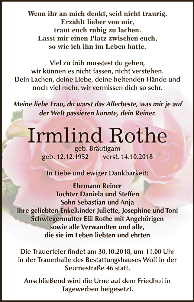  Traueranzeige für Irmlind Rothe vom 24.10.2018 aus WVG - Wochenspiegel NMB / WSF / ZTZ