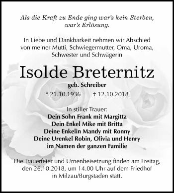Traueranzeige von Isolde Breternitz von WVG - Wochenspiegel Merseburg
